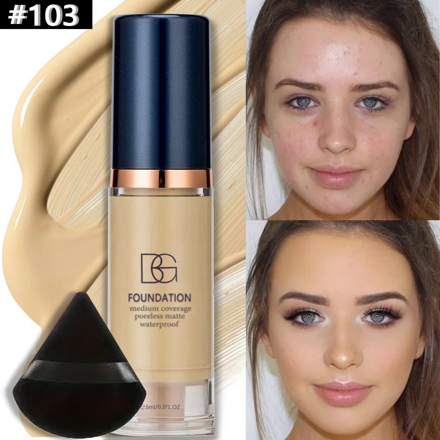 2Pcs Full Coverage Waterproof Liquid Foundation&Black Triangular Powder Puff-LongLasting Matte Finish Dark Circle&Blemish Cover