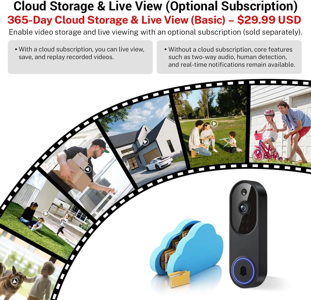 Wireless Wi-Fi Video Doorbell Camera with Two-Way Audio, AI Motion Detection, Night Vision, Cloud Storage, 2.4G Wi-Fi (Black)