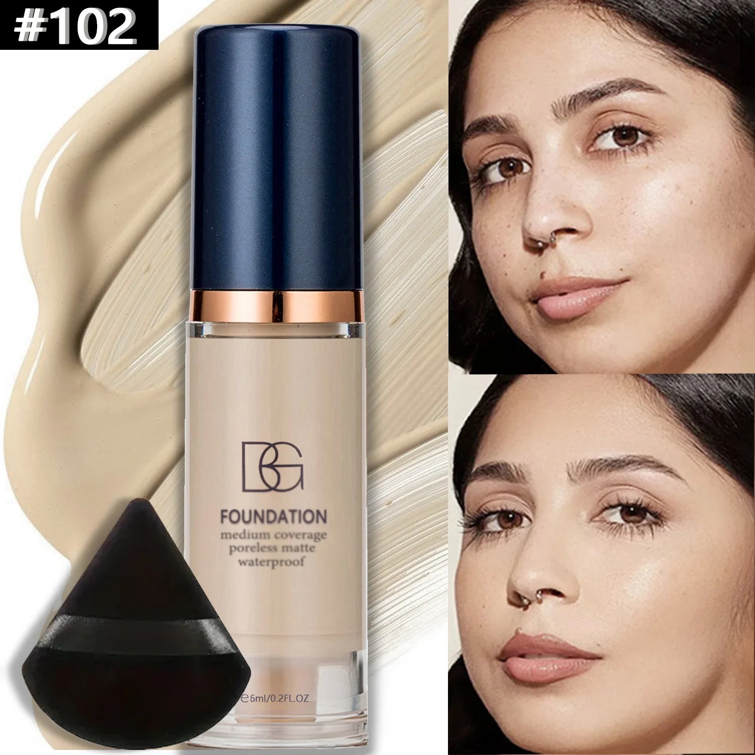 2Pcs Full Coverage Waterproof Liquid Foundation&Black Triangular Powder Puff-LongLasting Matte Finish Dark Circle&Blemish Cover