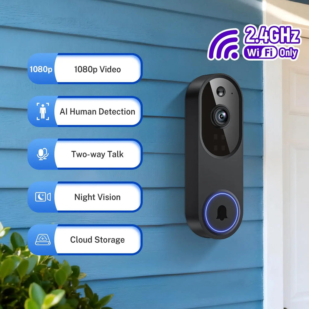 Wireless Wi-Fi Video Doorbell Camera with Two-Way Audio, AI Motion Detection, Night Vision, Cloud Storage, 2.4G Wi-Fi (Black)