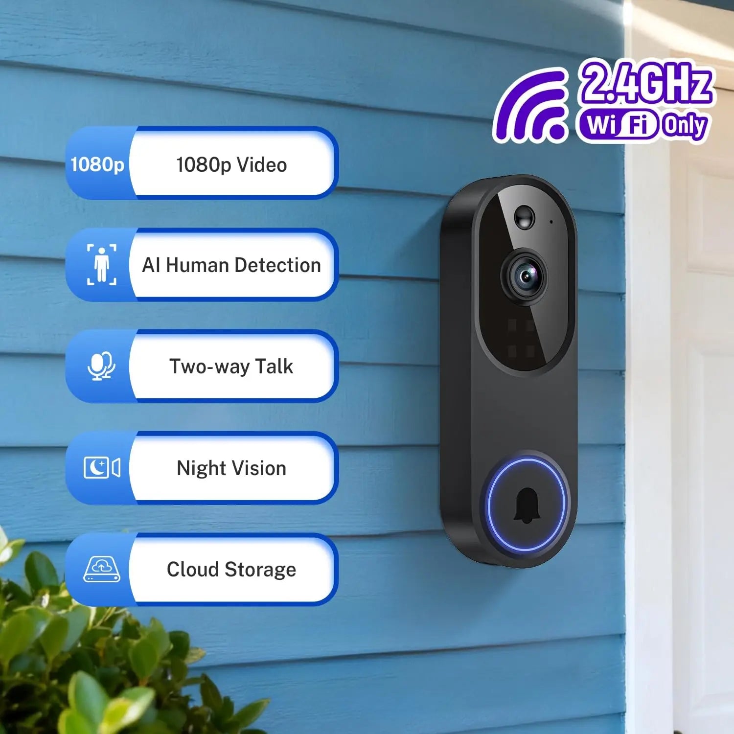 Wireless Wi-Fi Video Doorbell Camera with Two-Way Audio, AI Motion Detection, Night Vision, Cloud Storage, 2.4G Wi-Fi (Black)
