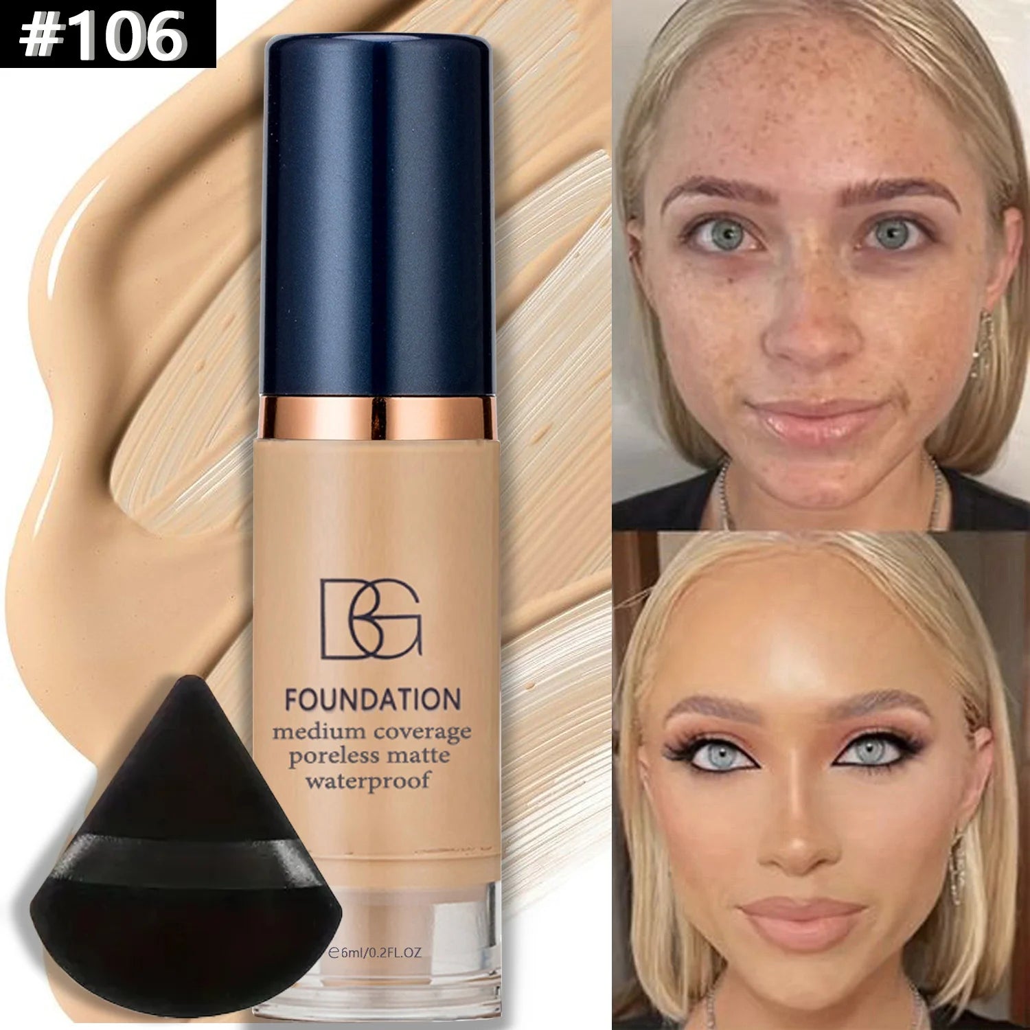 2Pcs Full Coverage Waterproof Liquid Foundation&Black Triangular Powder Puff-LongLasting Matte Finish Dark Circle&Blemish Cover